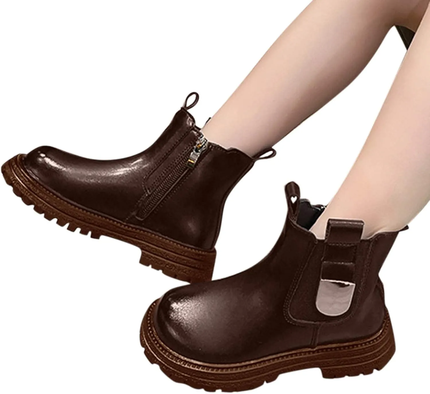 Girls Anti-Slip Ankle Boots Water Proof Autumn Winter PU Leather Thick Bottom Pull On Riding Boots Fashion Shoes