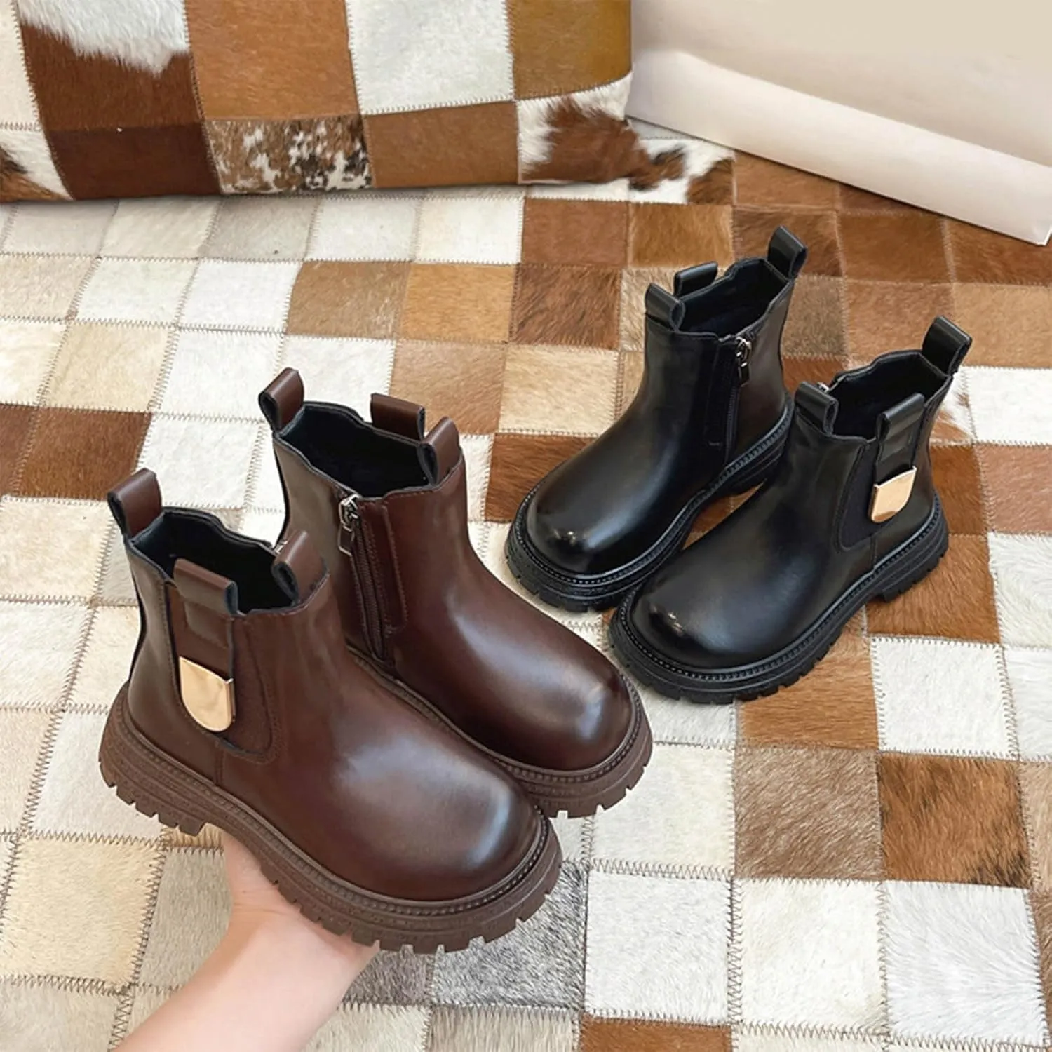 Girls Anti-Slip Ankle Boots Water Proof Autumn Winter PU Leather Thick Bottom Pull On Riding Boots Fashion Shoes
