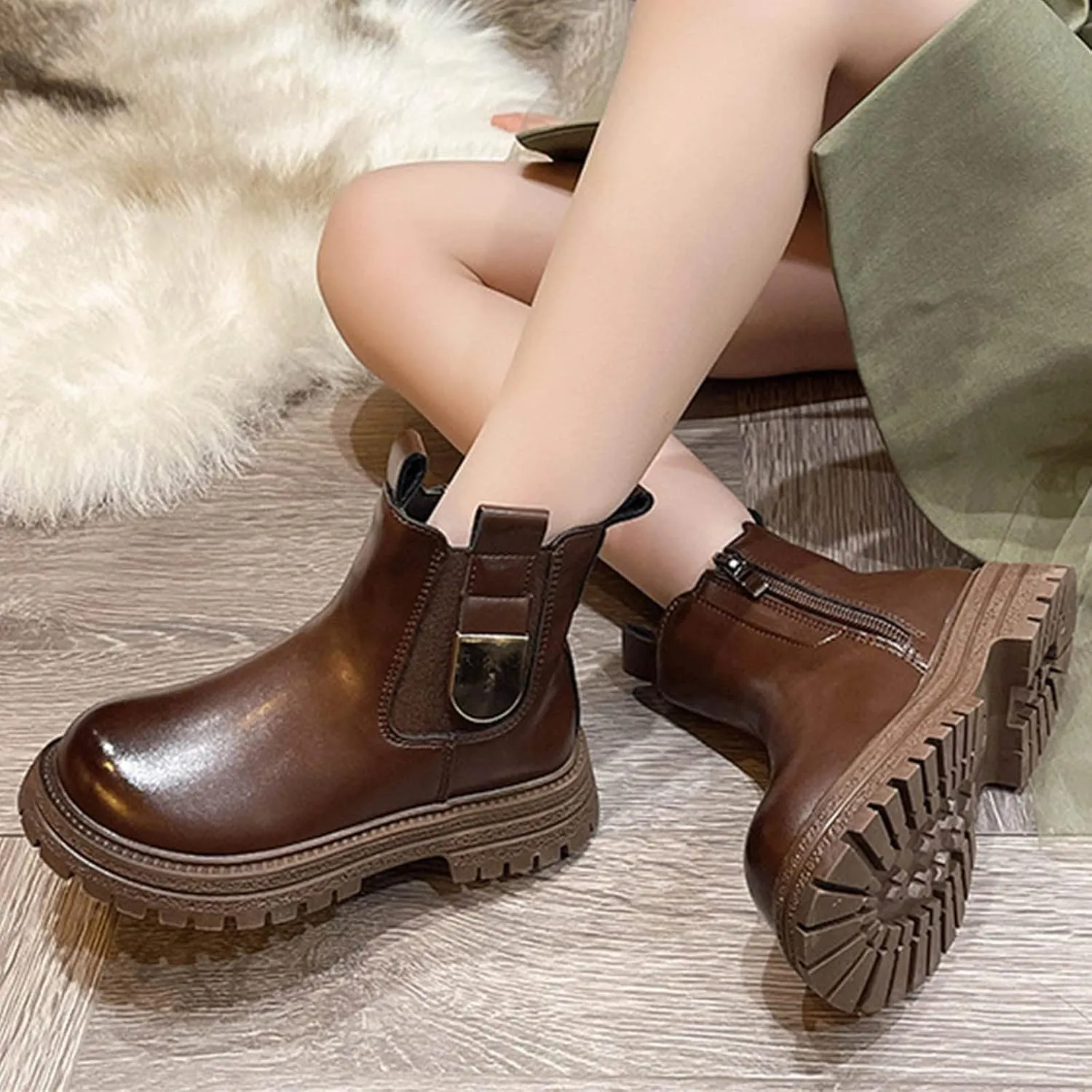 Girls Anti-Slip Ankle Boots Water Proof Autumn Winter PU Leather Thick Bottom Pull On Riding Boots Fashion Shoes