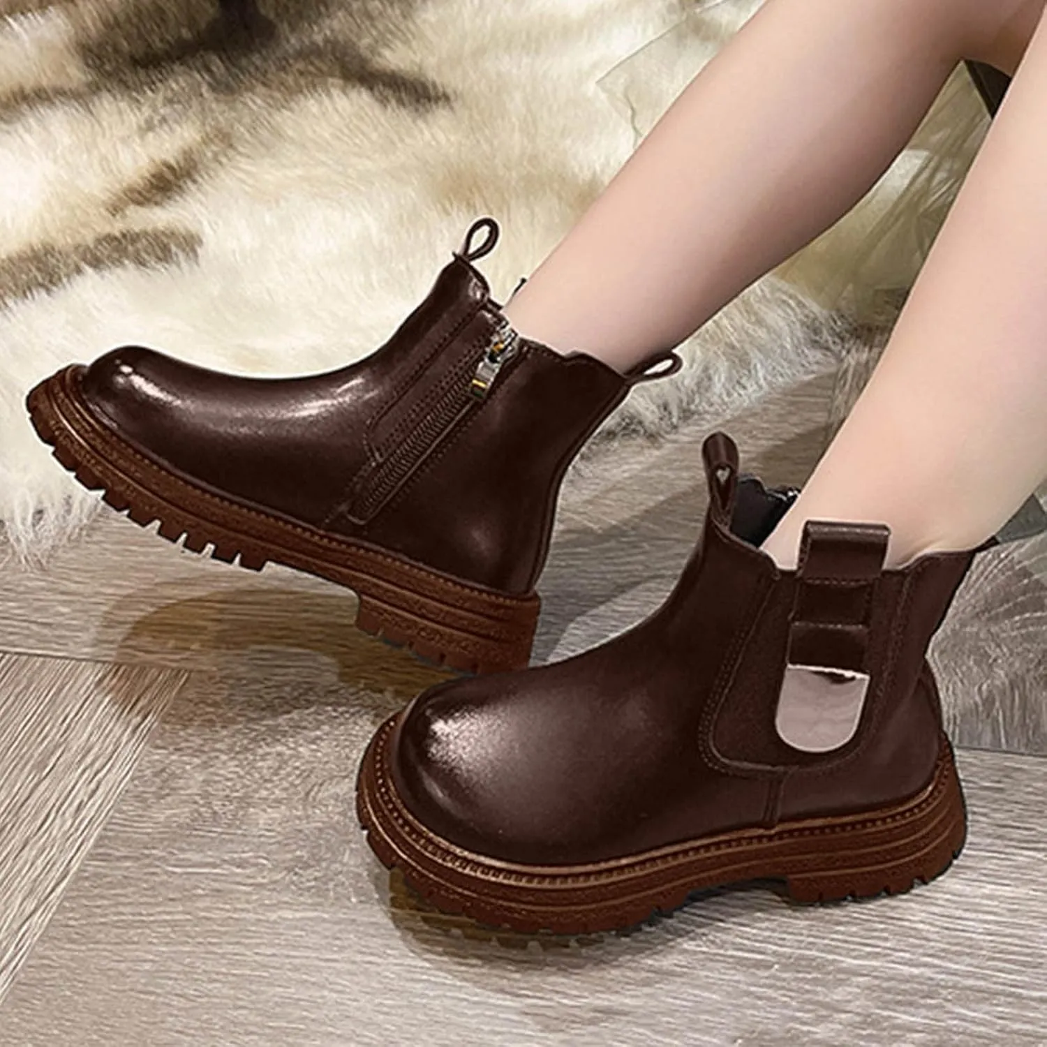 Girls Anti-Slip Ankle Boots Water Proof Autumn Winter PU Leather Thick Bottom Pull On Riding Boots Fashion Shoes