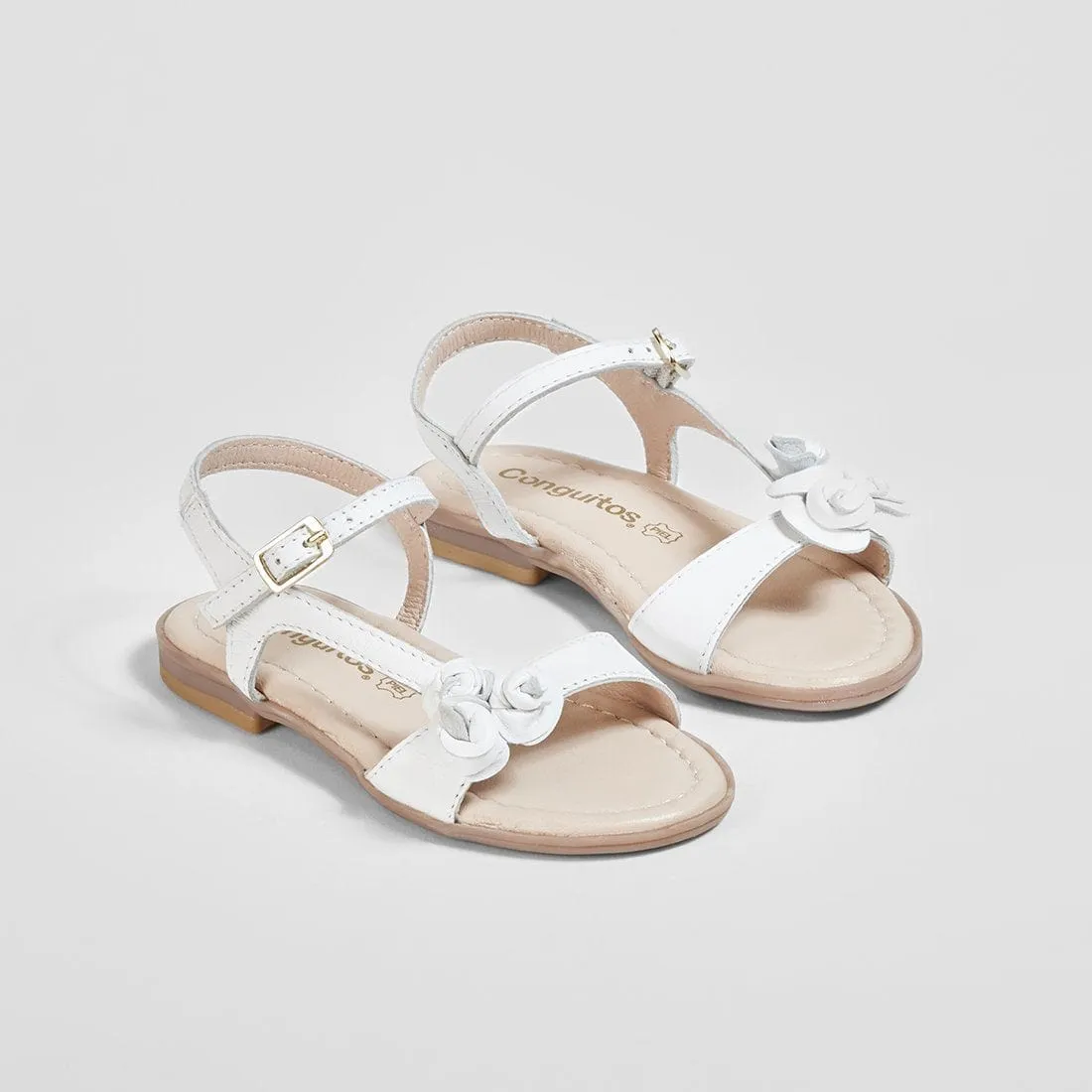 Girl's Flowers Adornment White Leather Sandals