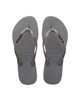 HAVAIANAS SLIM LOGO METALLIC - STEEL GREY/RAINBOW GREY GLITTER