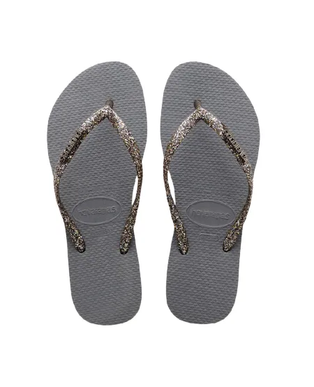 HAVAIANAS SLIM LOGO METALLIC - STEEL GREY/RAINBOW GREY GLITTER
