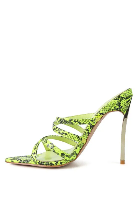 HIGH HEELED NEON ANIMAL SANDALS