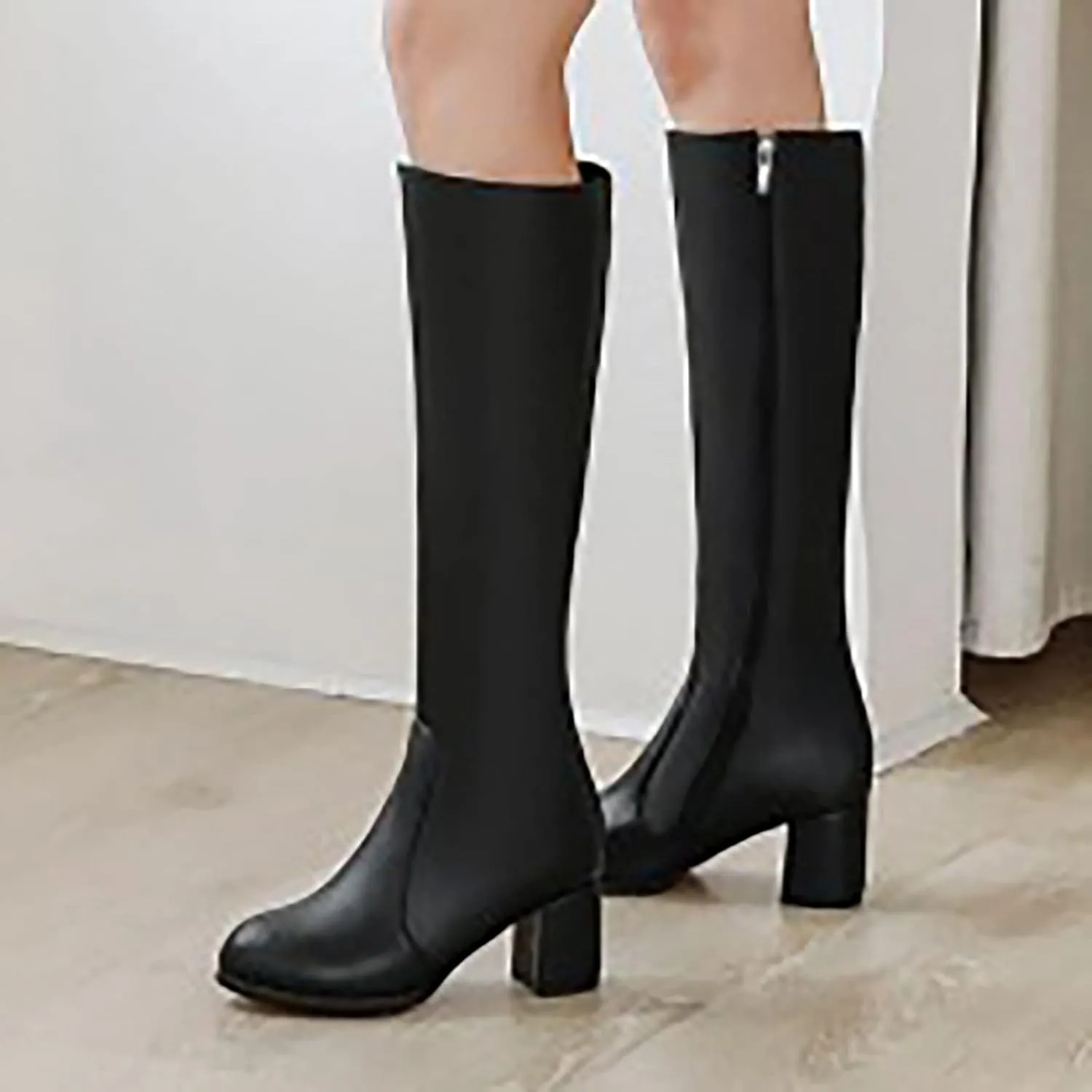 Knee High Boots Women Chunky Heel Boots Pull On Wide Calf Block Boots for Dress Party Pointed Toe Long Tall Boots