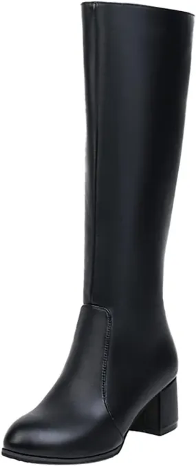 Knee High Boots Women Chunky Heel Boots Pull On Wide Calf Block Boots for Dress Party Pointed Toe Long Tall Boots
