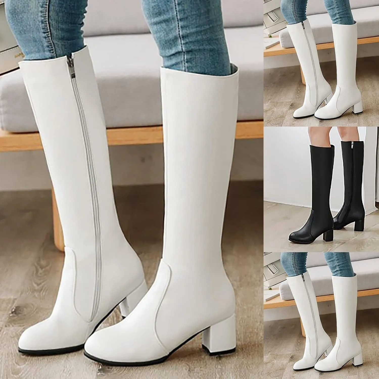 Knee High Boots Women Chunky Heel Boots Pull On Wide Calf Block Boots for Dress Party Pointed Toe Long Tall Boots