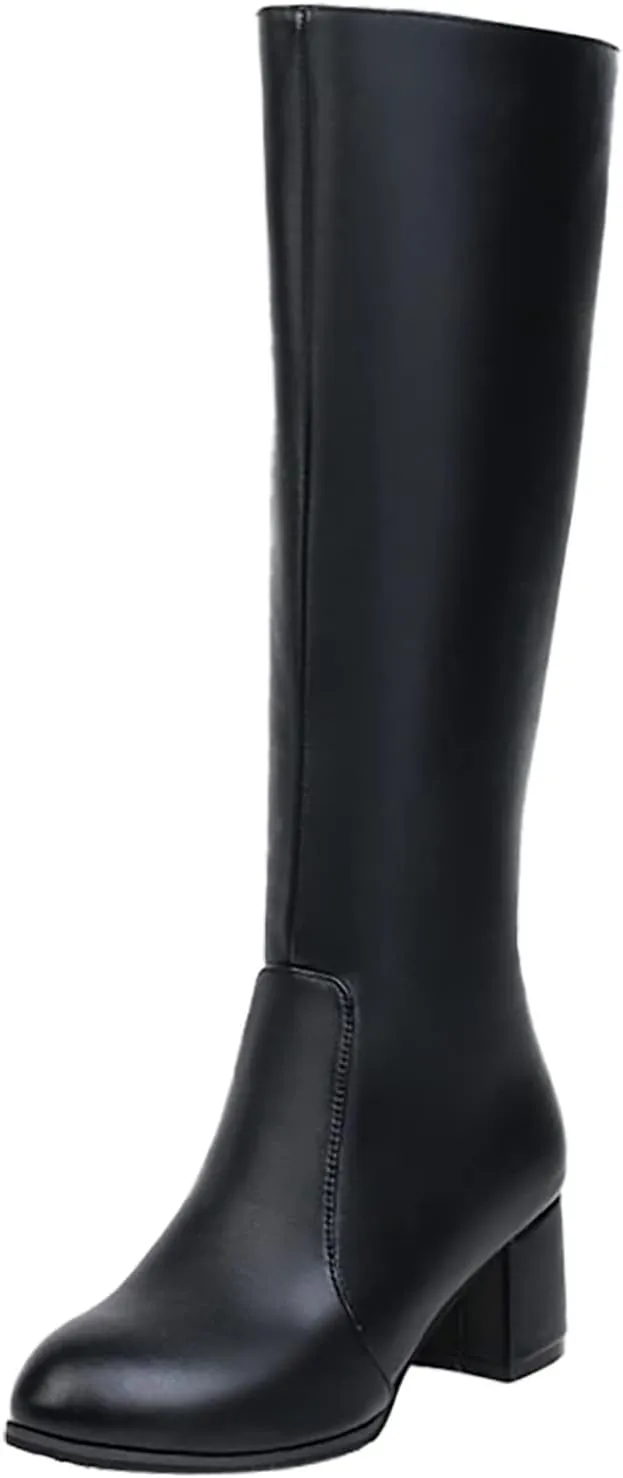 Knee High Boots Women Chunky Heel Boots Pull On Wide Calf Block Boots for Dress Party Pointed Toe Long Tall Boots