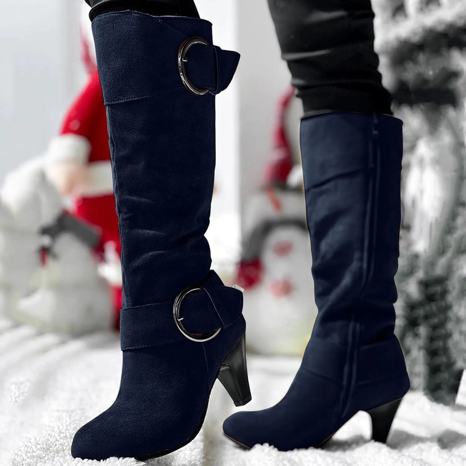 Knee High Boots Women High Heel Fashion Belt Buckle Wine Glass Heel Pointed Toe Solid Color Thigh High Knee Boots