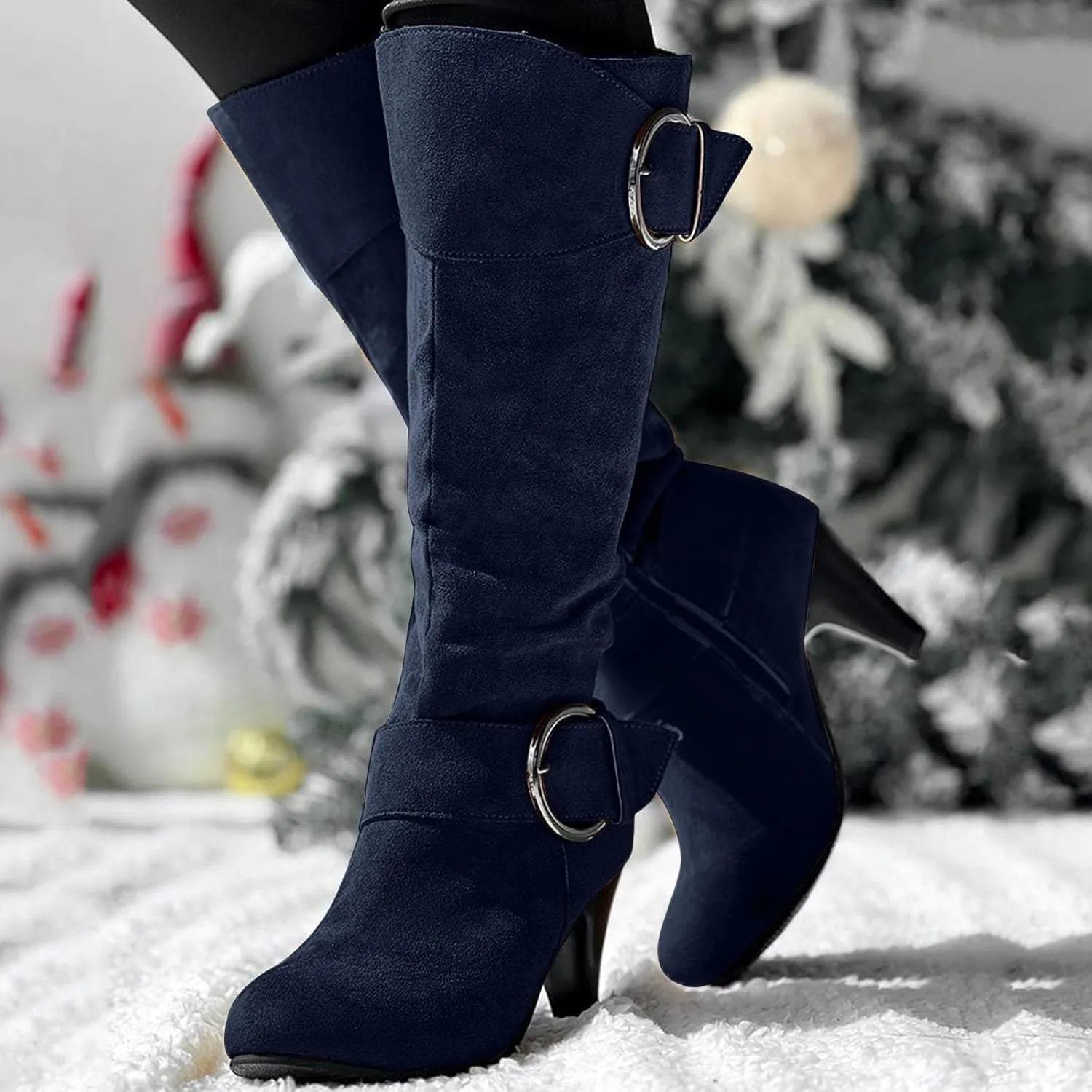 Knee High Boots Women High Heel Fashion Belt Buckle Wine Glass Heel Pointed Toe Solid Color Thigh High Knee Boots