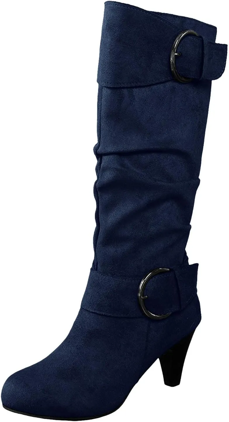 Knee High Boots Women High Heel Fashion Belt Buckle Wine Glass Heel Pointed Toe Solid Color Thigh High Knee Boots