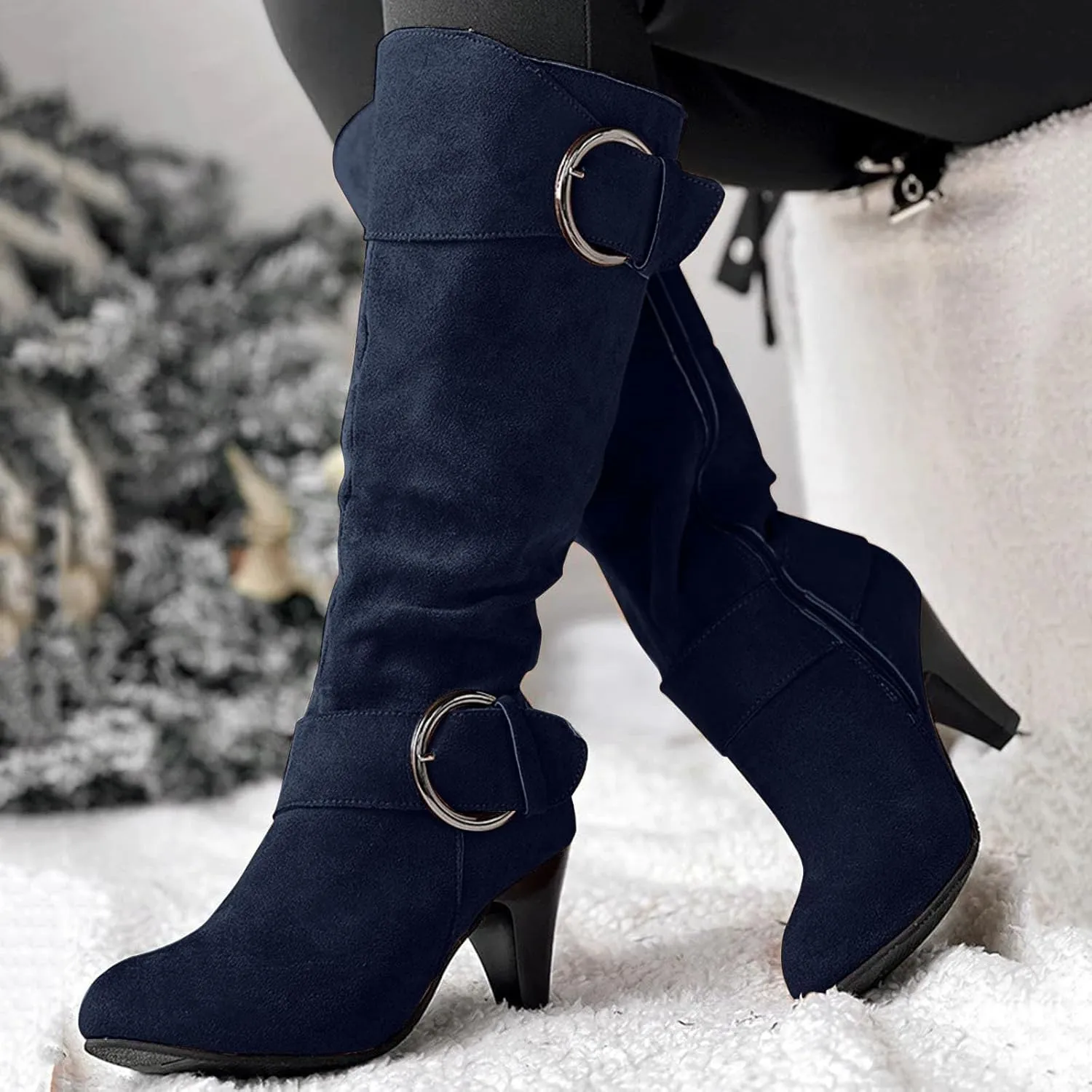 Knee High Boots Women High Heel Fashion Belt Buckle Wine Glass Heel Pointed Toe Solid Color Thigh High Knee Boots
