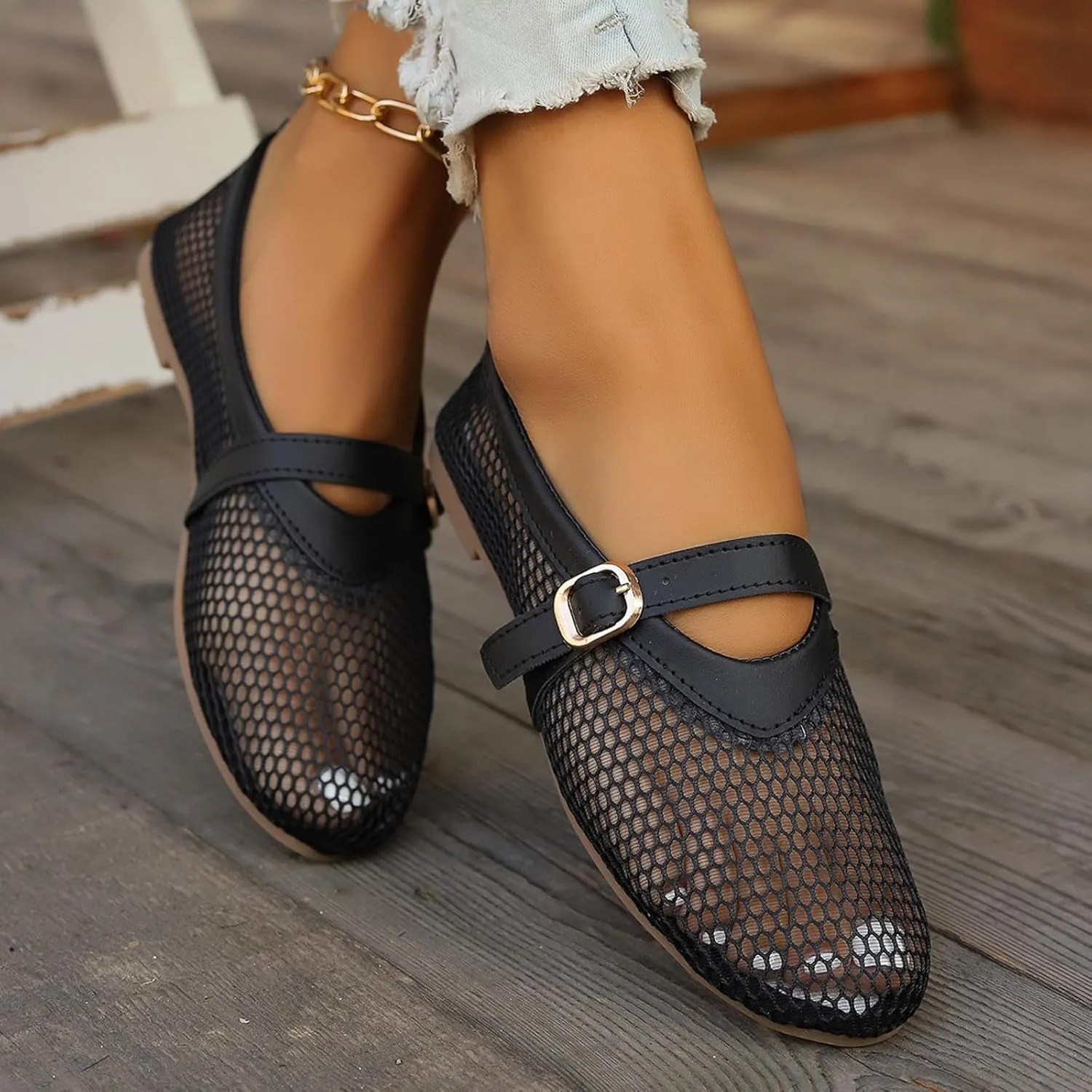Ladies Solid Colour Breathable Hollow Mesh Buckle Flat Bottom Large Size Single Shoes Casual Womens Shoes Size 9 Casual