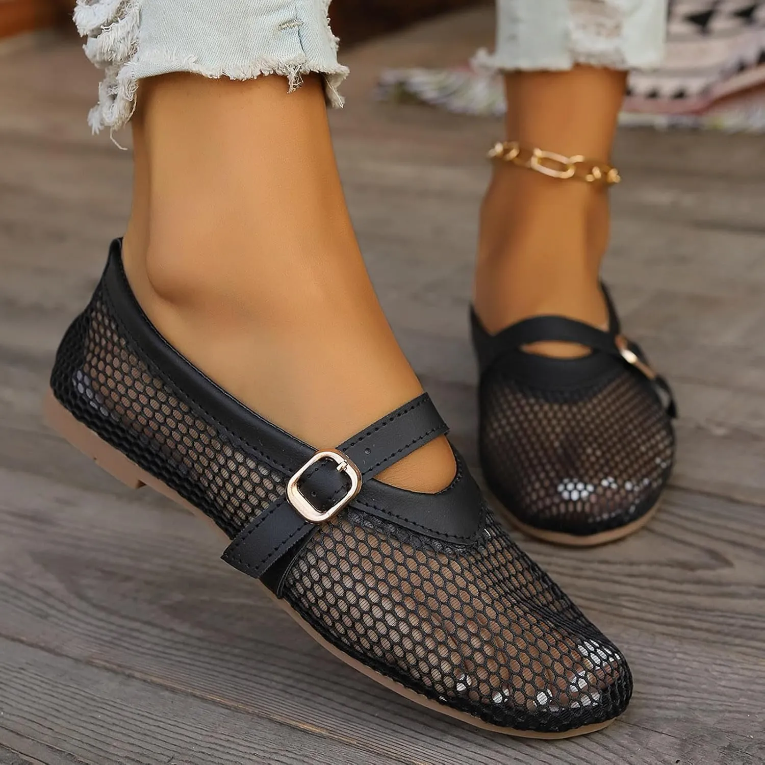 Ladies Solid Colour Breathable Hollow Mesh Buckle Flat Bottom Large Size Single Shoes Casual Womens Shoes Size 9 Casual