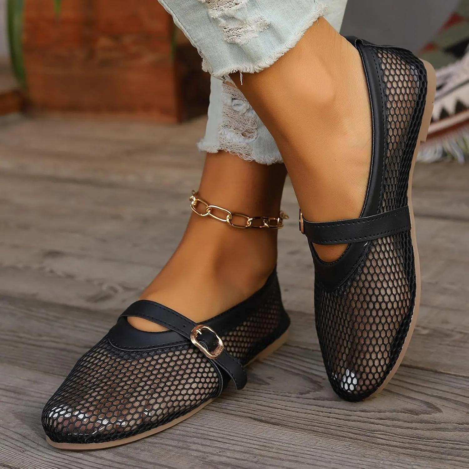 Ladies Solid Colour Breathable Hollow Mesh Buckle Flat Bottom Large Size Single Shoes Casual Womens Shoes Size 9 Casual