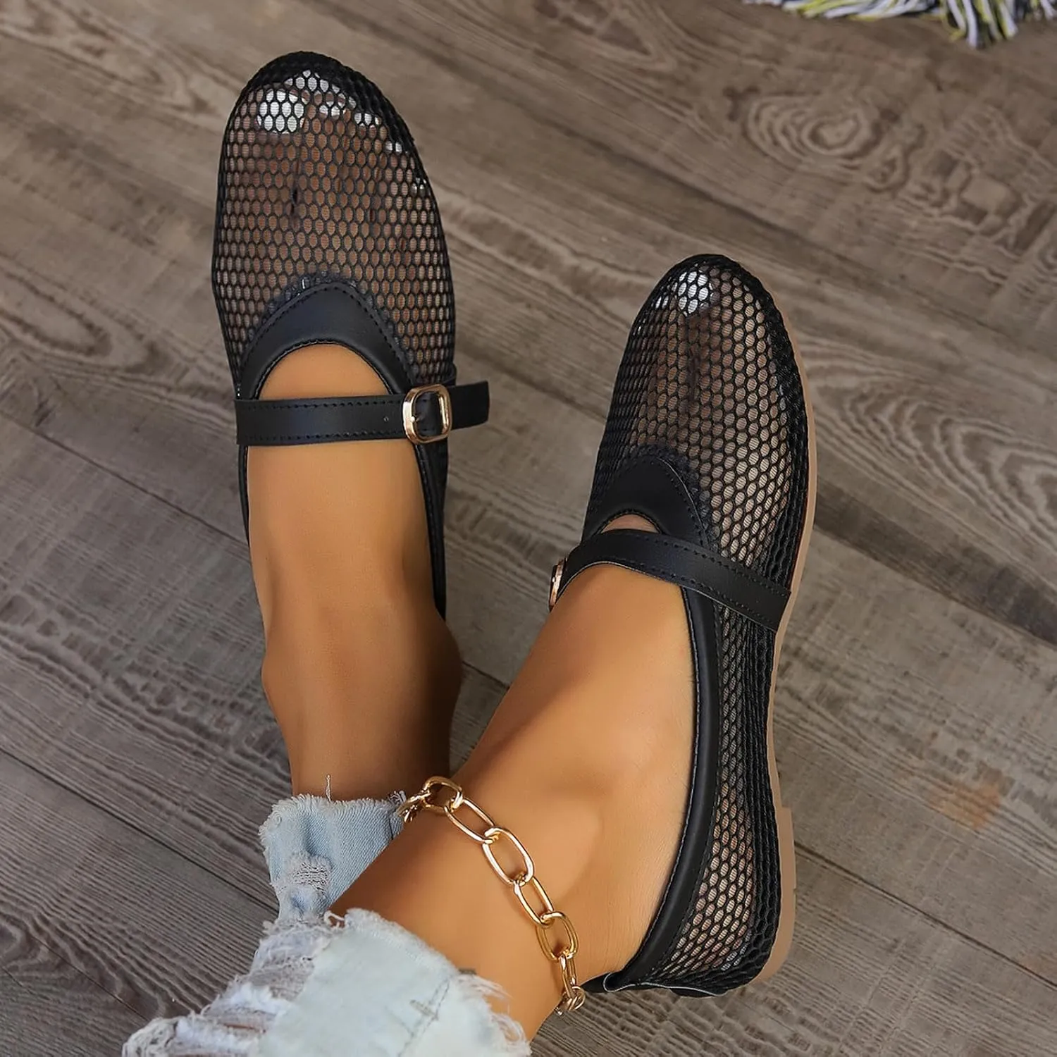 Ladies Solid Colour Breathable Hollow Mesh Buckle Flat Bottom Large Size Single Shoes Casual Womens Shoes Size 9 Casual