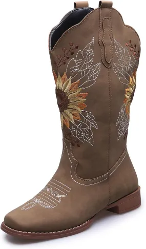 Ladmiple Cowgirl Boots Women Mid Calf Sunflower Embroidered Western Cowboy Boots Chunky Heel Pull On Fashion Western Boots