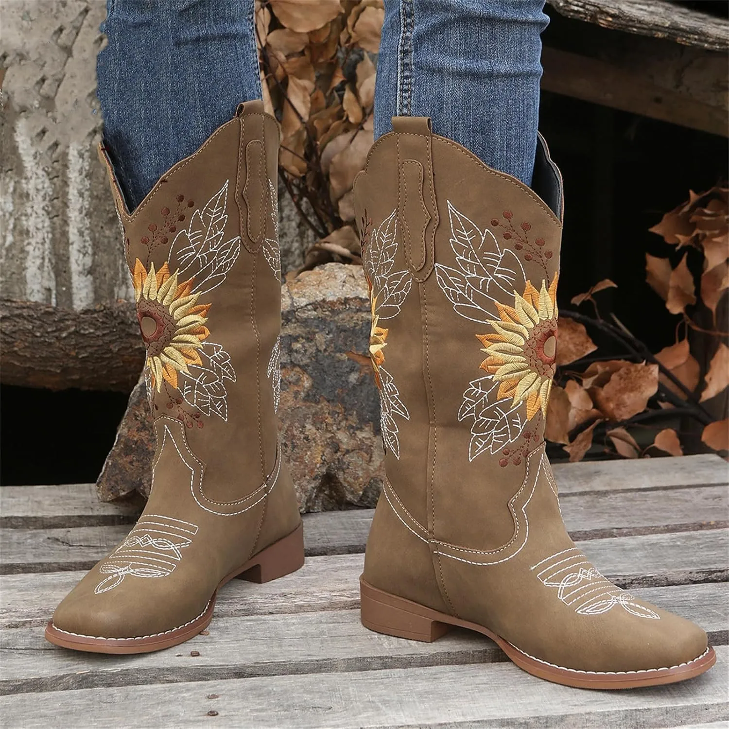 Ladmiple Cowgirl Boots Women Mid Calf Sunflower Embroidered Western Cowboy Boots Chunky Heel Pull On Fashion Western Boots