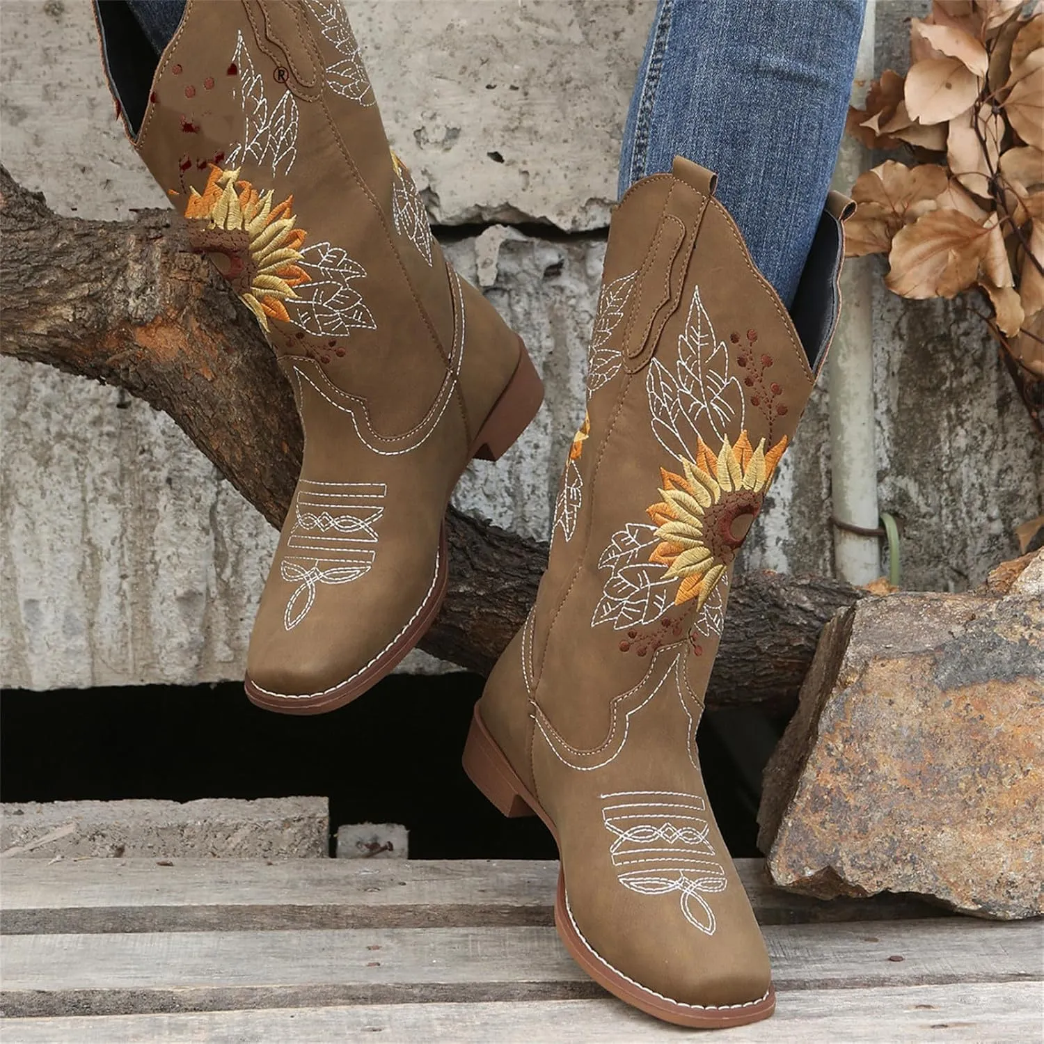 Ladmiple Cowgirl Boots Women Mid Calf Sunflower Embroidered Western Cowboy Boots Chunky Heel Pull On Fashion Western Boots