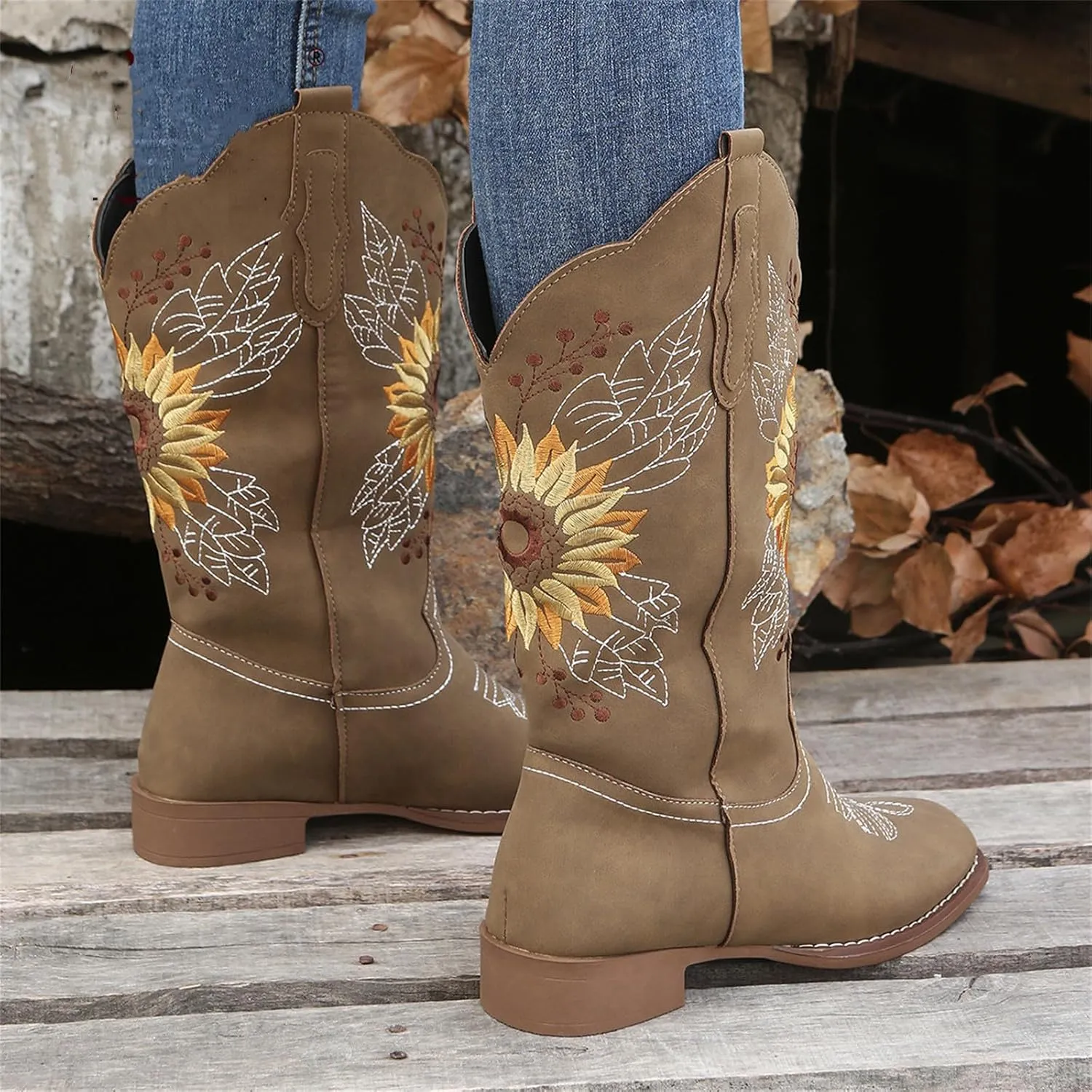 Ladmiple Cowgirl Boots Women Mid Calf Sunflower Embroidered Western Cowboy Boots Chunky Heel Pull On Fashion Western Boots