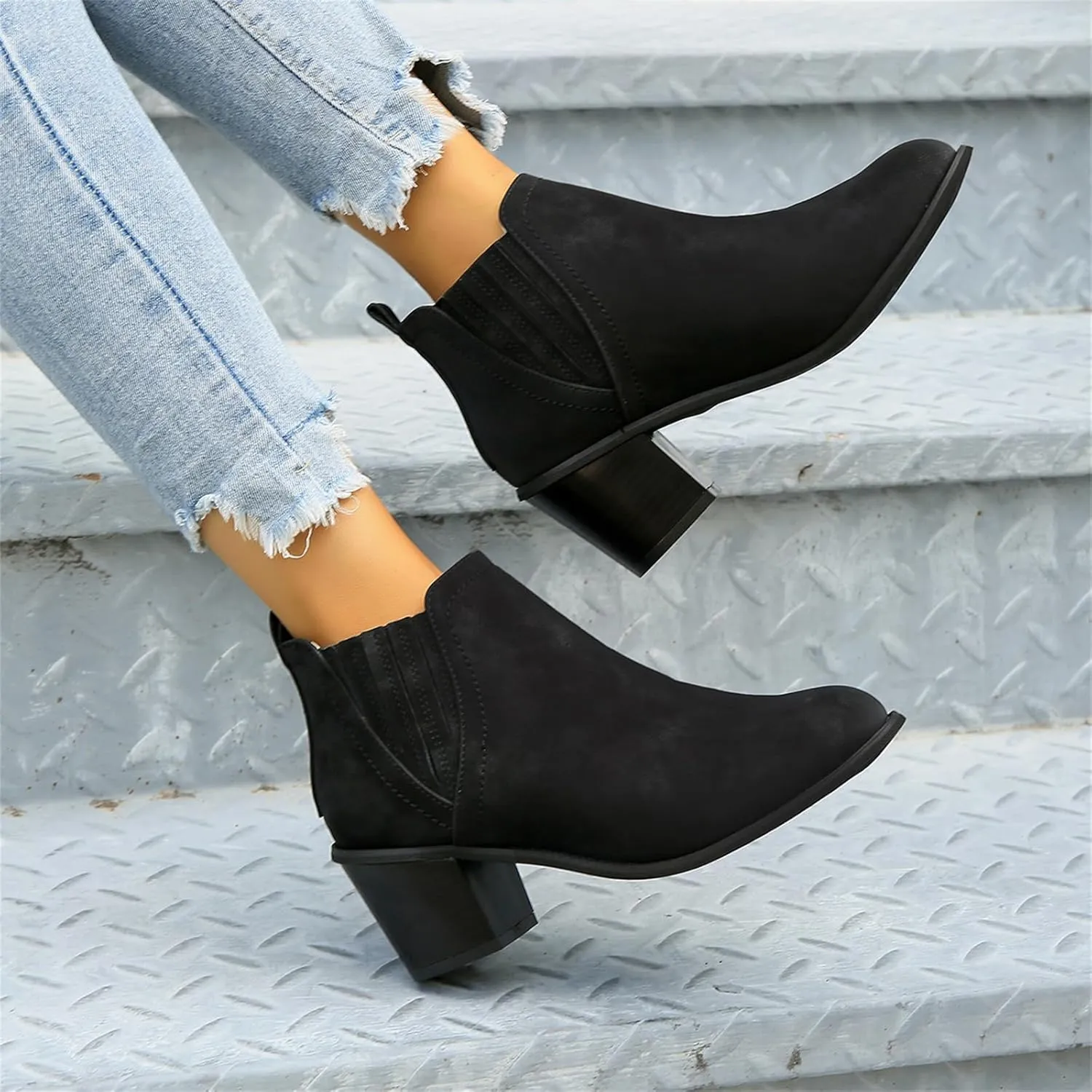 Lausiuoe Ankle Boots For Women Dressy Chunky Heel Fashion Short Boots Side Zipper Booties Wide Width Western Shoes