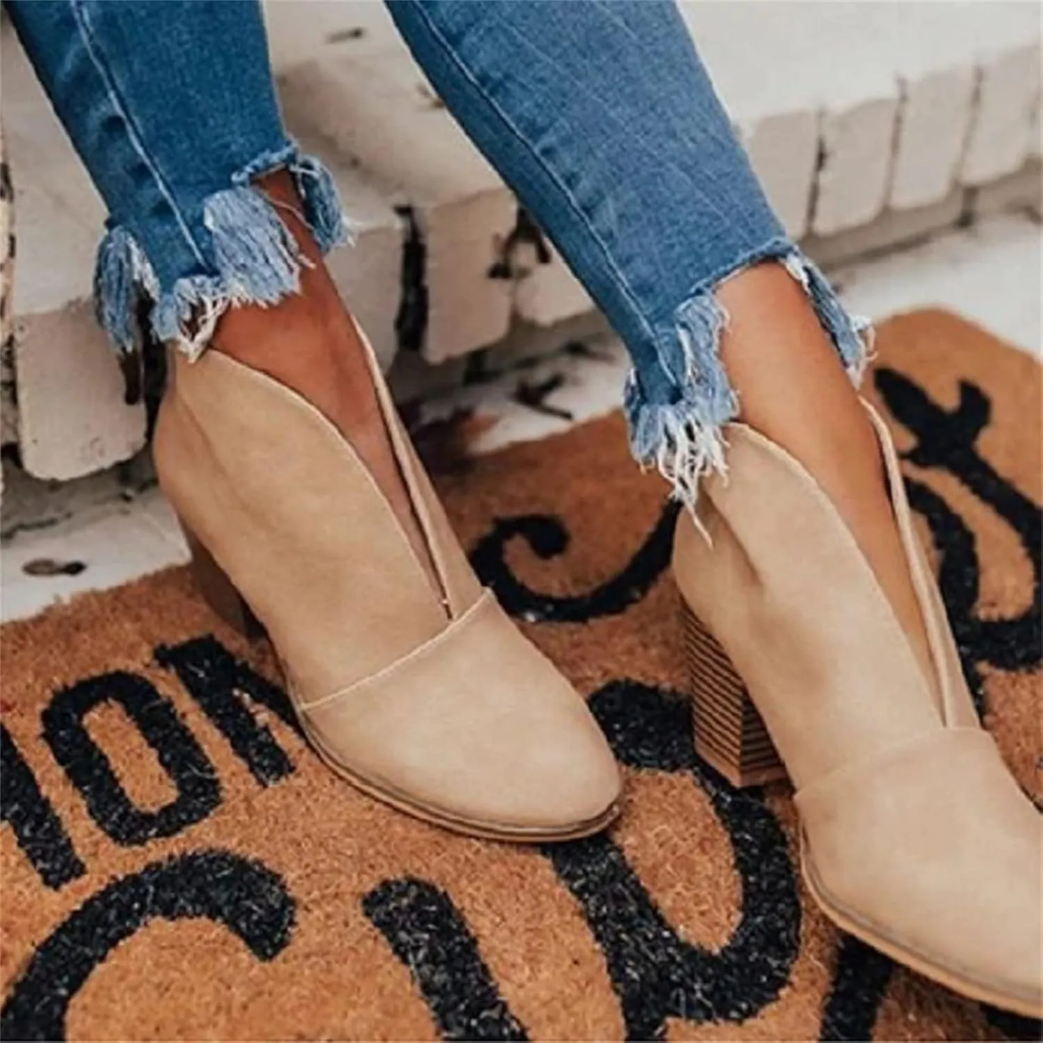 Lausiuoe Boots For Women Ankle Booties Low Heel Platform Slip on Cutout Chunky Block Casual Dressy Fashion Combat Boots