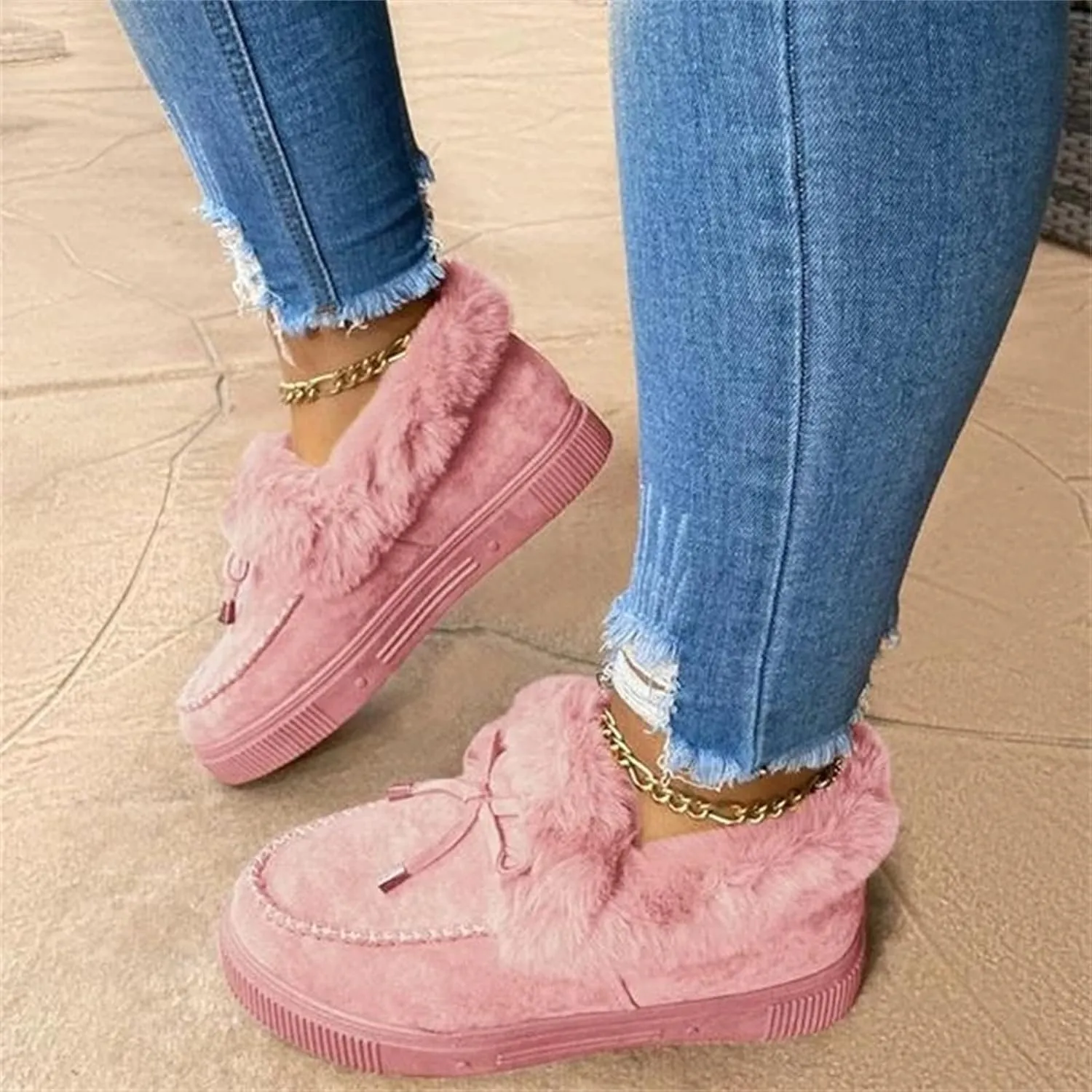 Lausiuoe Boots For Women Ankle Booties Winter Warm Snow Fuzzy Flat Loafers Cute Silp On Comfortable Casual Walking Shoes