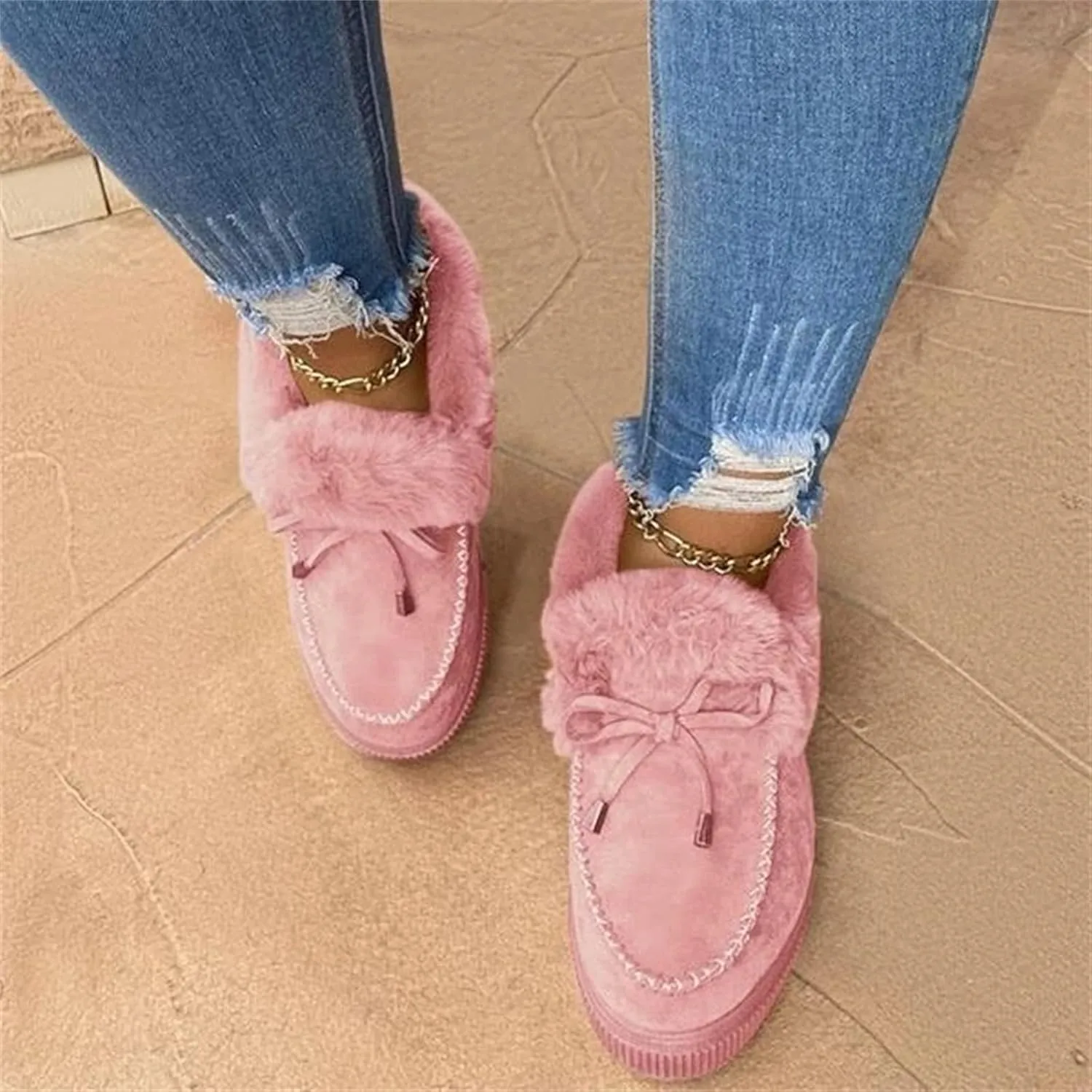Lausiuoe Boots For Women Ankle Booties Winter Warm Snow Fuzzy Flat Loafers Cute Silp On Comfortable Casual Walking Shoes