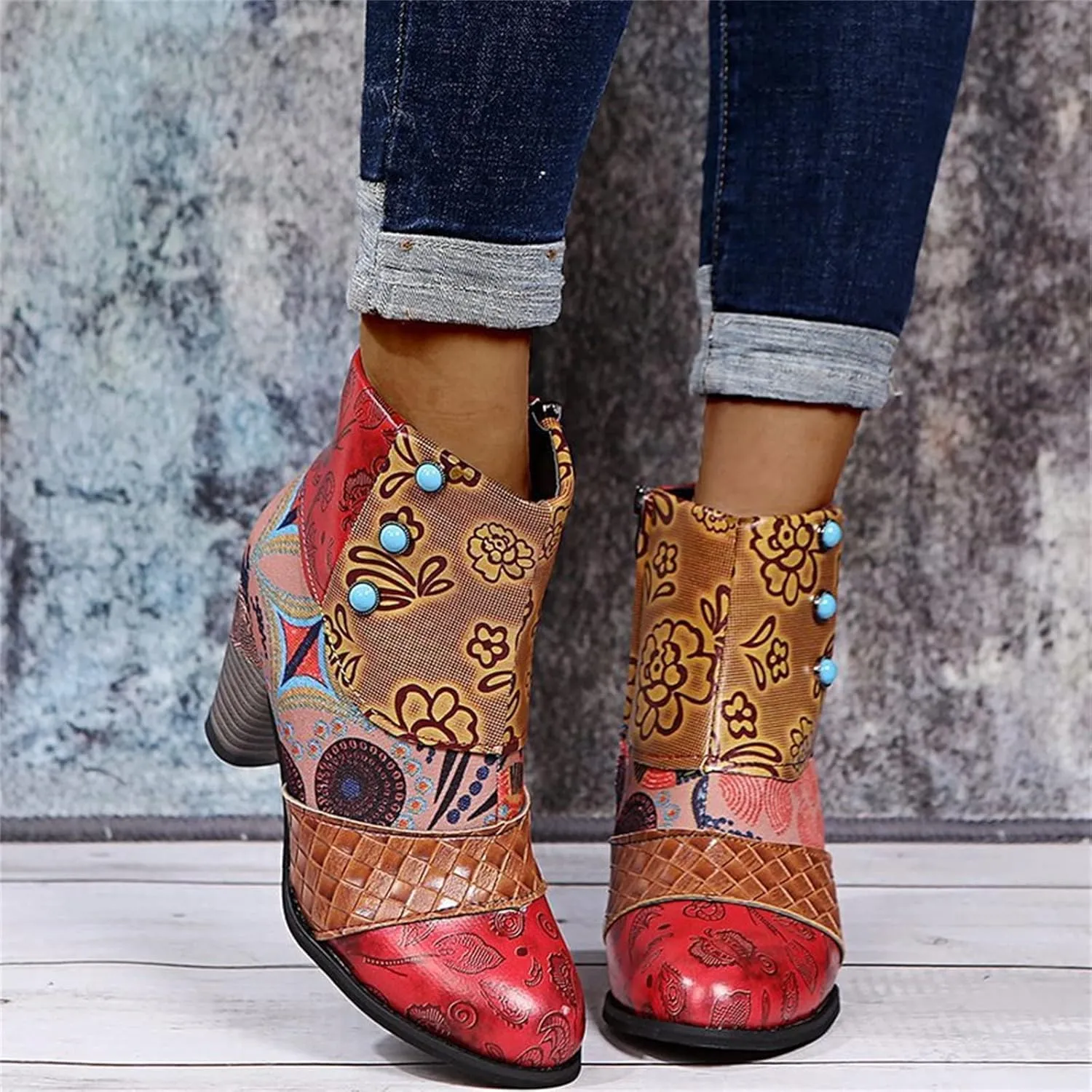 Lausiuoe Boots For Women Cowboy Style Ankle Booties Fashion Toe Stacked Mid Heel Short Boots Side Zipper Western Shoes