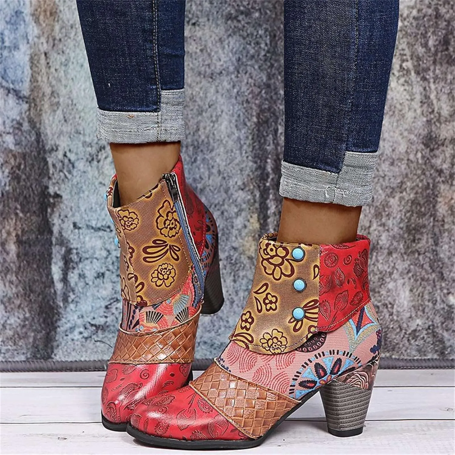 Lausiuoe Boots For Women Cowboy Style Ankle Booties Fashion Toe Stacked Mid Heel Short Boots Side Zipper Western Shoes