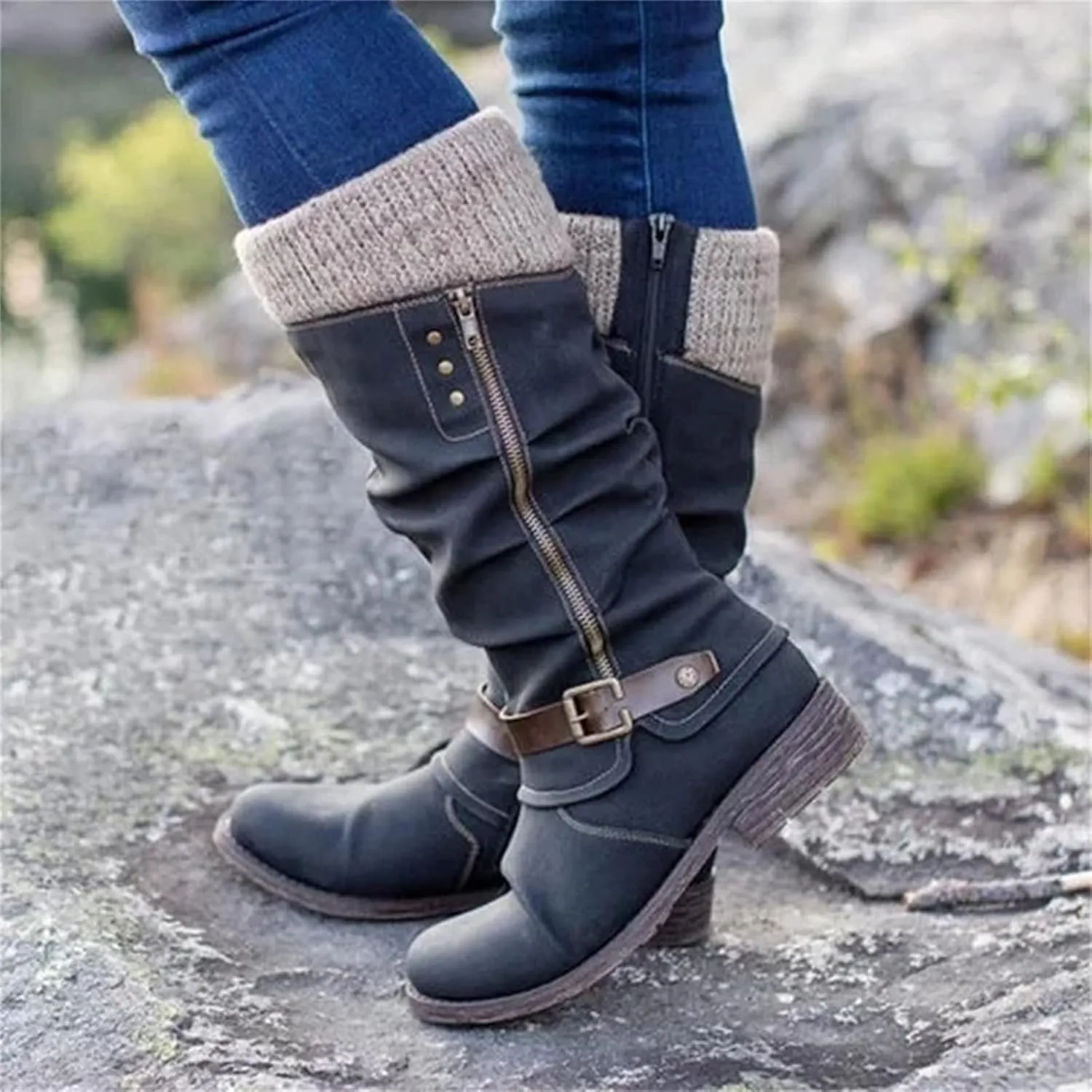 Lausiuoe Boots For Women Low Heel Mid Calf Side Zip Slouch Flat Heel Wide Calf Western Cowboy Boots Winter Non Slip Outdoor Shoes