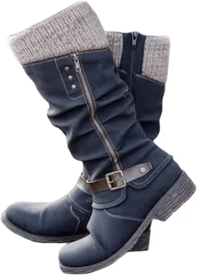 Lausiuoe Boots For Women Low Heel Mid Calf Side Zip Slouch Flat Heel Wide Calf Western Cowboy Boots Winter Non Slip Outdoor Shoes