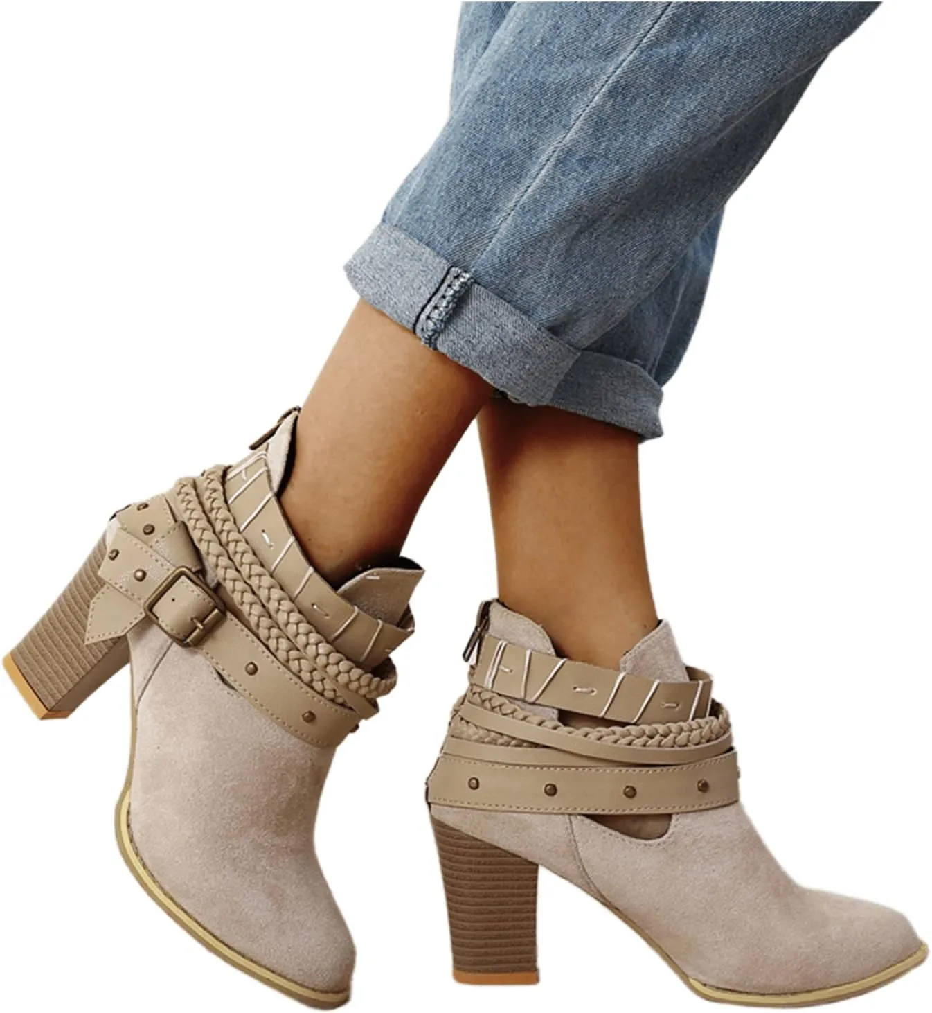 Lausiuoe Womens Boots Ankle Booties Slip on Chunky Stacked Mid Heel Wide Width Wide Calf Cowboy Western Short Boots