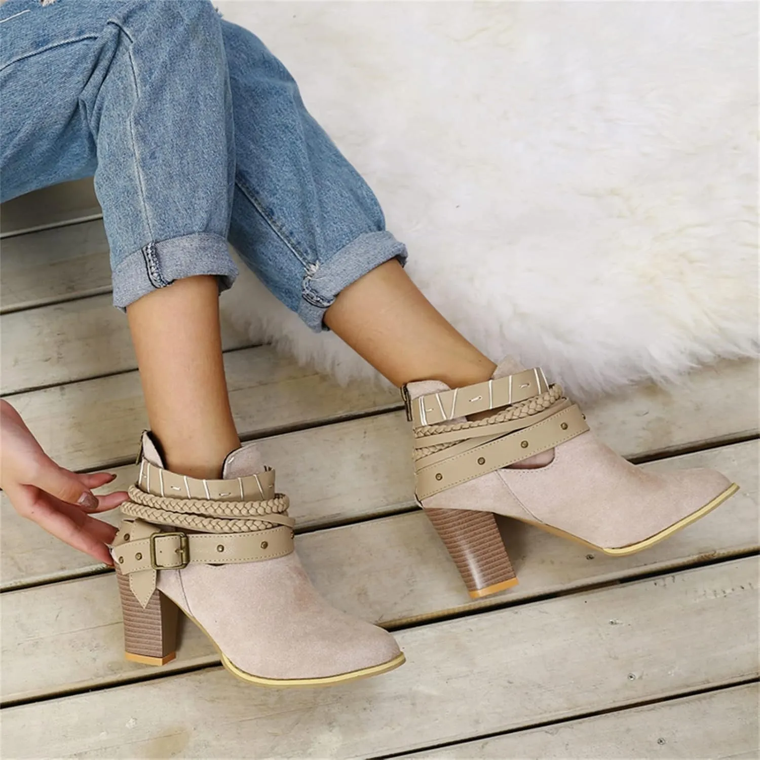 Lausiuoe Womens Boots Ankle Booties Slip on Chunky Stacked Mid Heel Wide Width Wide Calf Cowboy Western Short Boots