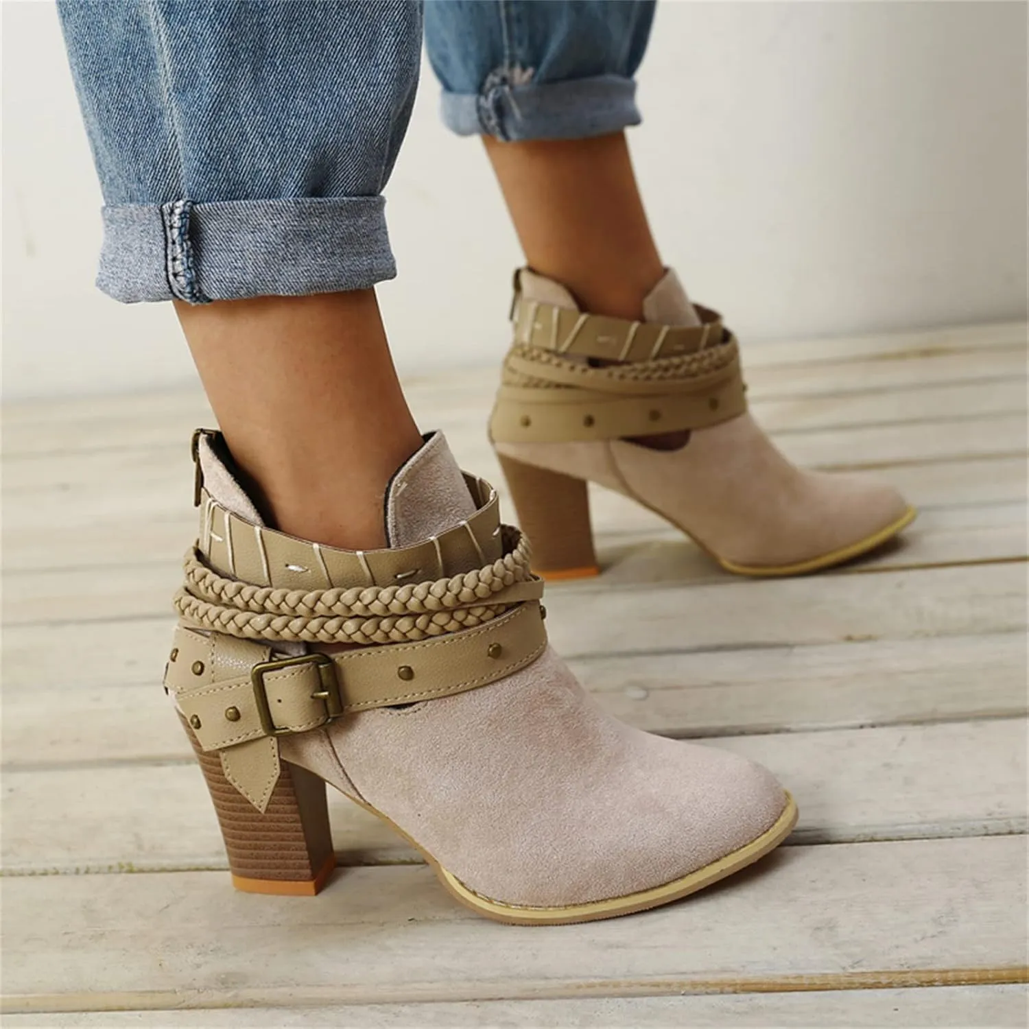 Lausiuoe Womens Boots Ankle Booties Slip on Chunky Stacked Mid Heel Wide Width Wide Calf Cowboy Western Short Boots