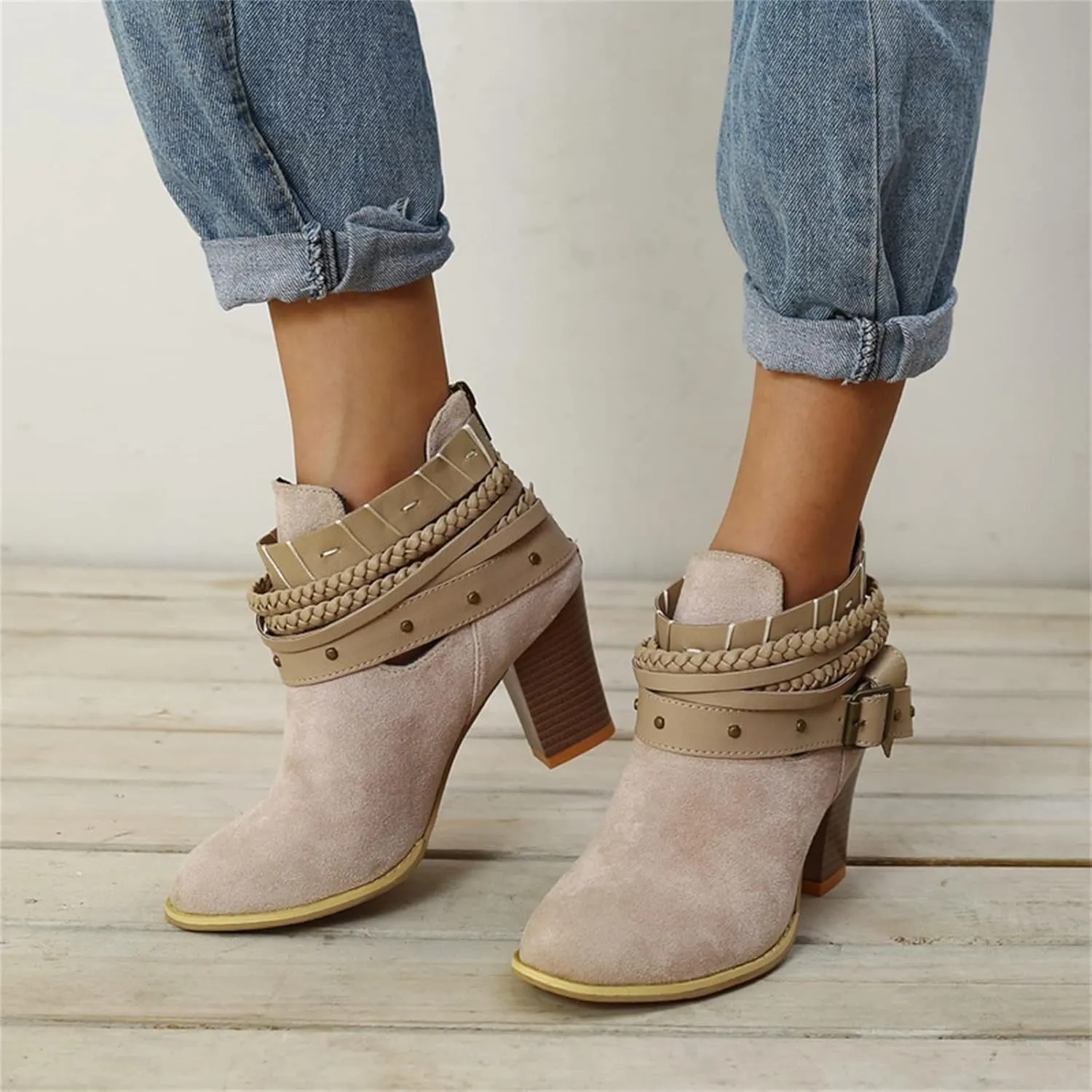 Lausiuoe Womens Boots Ankle Booties Slip on Chunky Stacked Mid Heel Wide Width Wide Calf Cowboy Western Short Boots