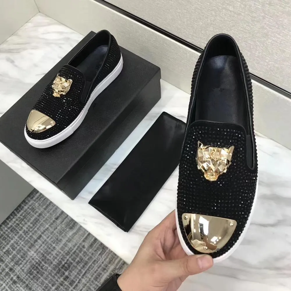 Leather casual loafers with rhinestones