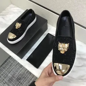 Leather casual loafers with rhinestones