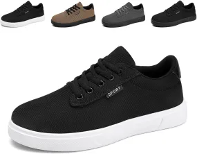 Mens Canvas Casual Flat Shoes Comfort Round Toe Soft Bottom Knitting Lace-Up Sneakers Outdoor Breathable Non-Slip Walking Shoes