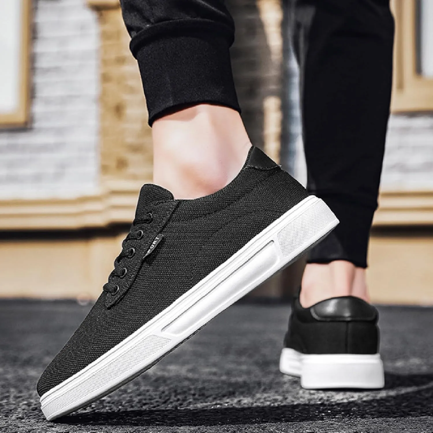 Mens Canvas Casual Flat Shoes Comfort Round Toe Soft Bottom Knitting Lace-Up Sneakers Outdoor Breathable Non-Slip Walking Shoes