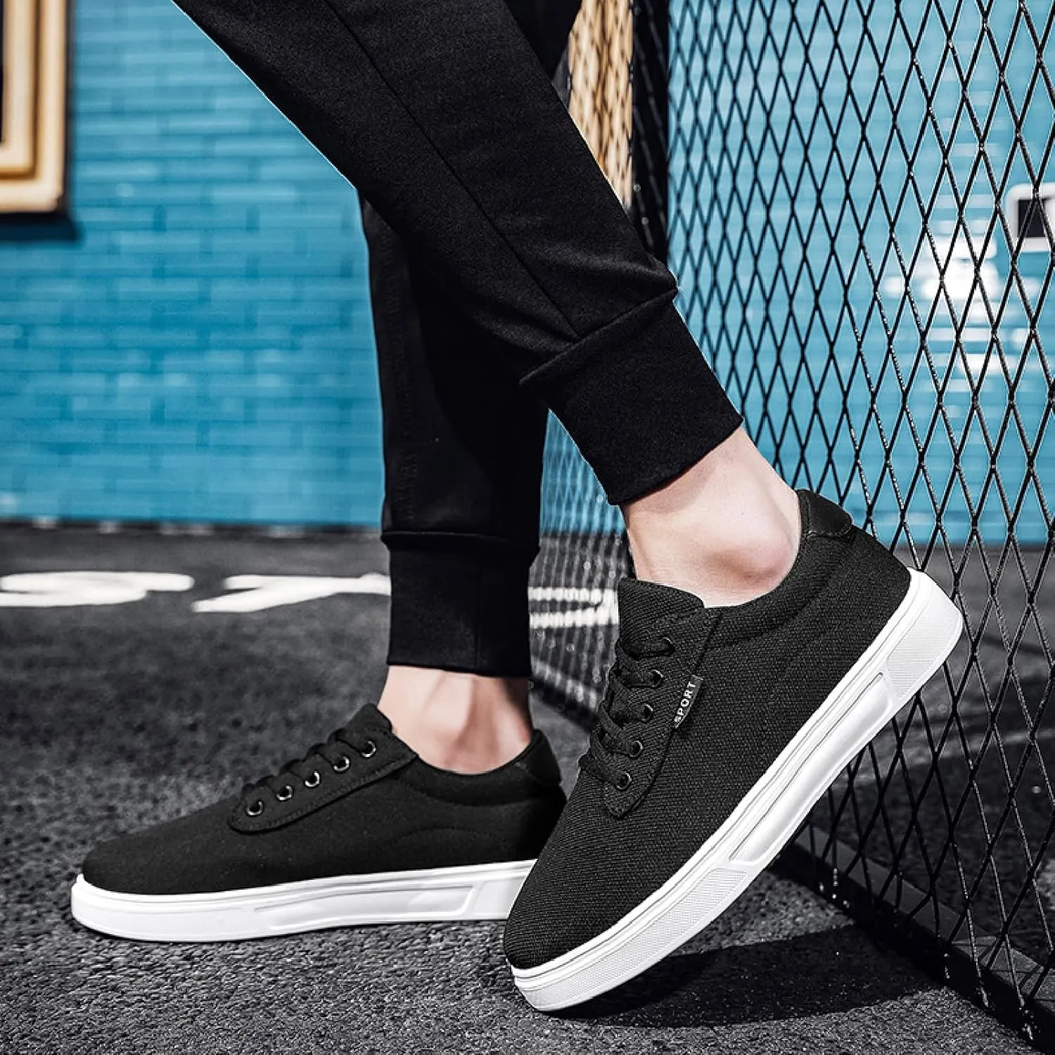 Mens Canvas Casual Flat Shoes Comfort Round Toe Soft Bottom Knitting Lace-Up Sneakers Outdoor Breathable Non-Slip Walking Shoes
