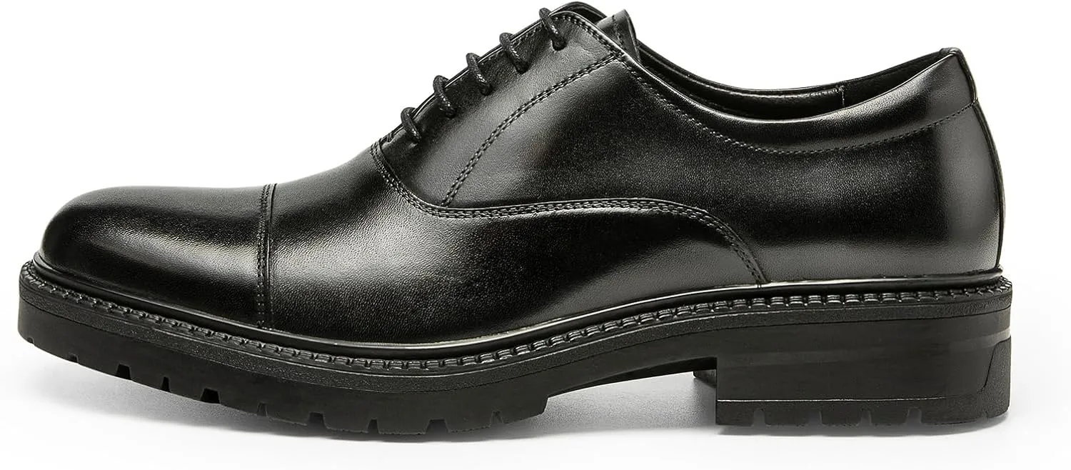 Men's Dress Shoes Cap Toe Oxford - Thick Platform Sole Full Grain Leather Business Casual Shoes for Men