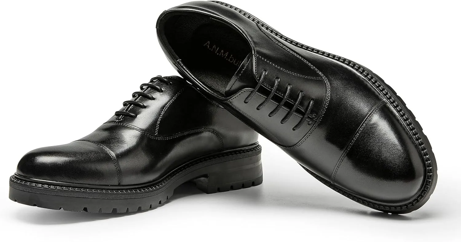 Men's Dress Shoes Cap Toe Oxford - Thick Platform Sole Full Grain Leather Business Casual Shoes for Men