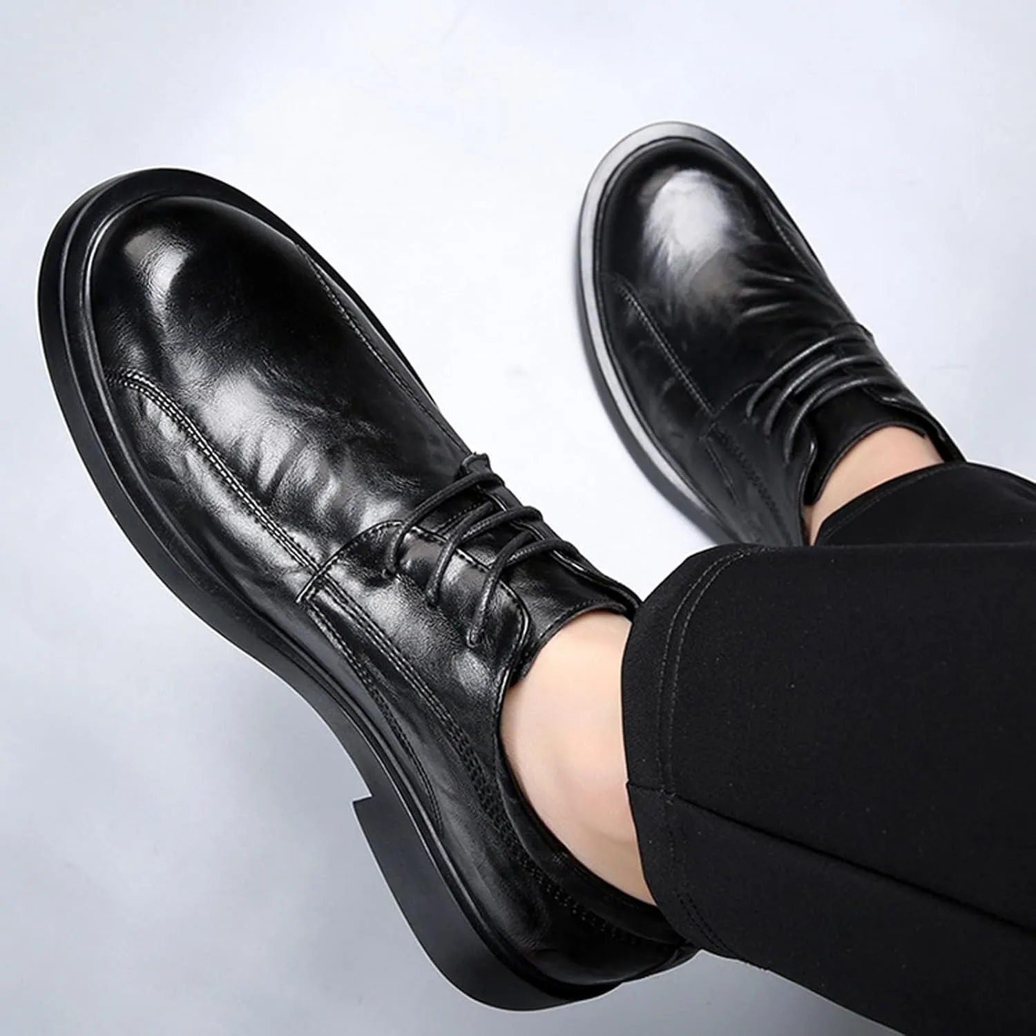 Men's Leather Lace-up Dress Oxfords,Classic Exquisite Stitching Breathable Round Toe Formal Shoes Casual Business Wedding Work Derby Shoes
