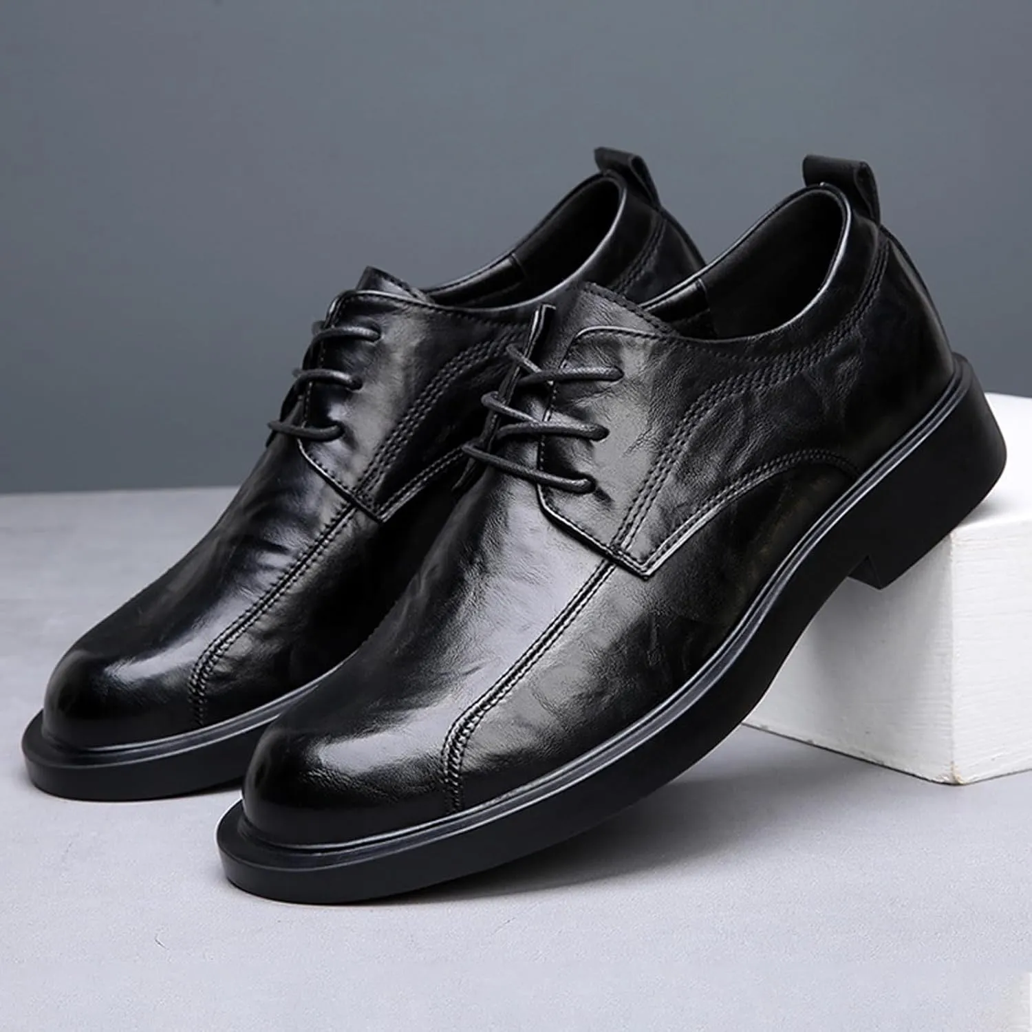 Men's Leather Lace-up Dress Oxfords,Classic Exquisite Stitching Breathable Round Toe Formal Shoes Casual Business Wedding Work Derby Shoes