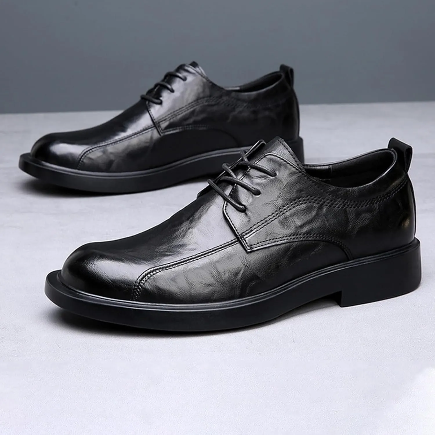 Men's Leather Lace-up Dress Oxfords,Classic Exquisite Stitching Breathable Round Toe Formal Shoes Casual Business Wedding Work Derby Shoes