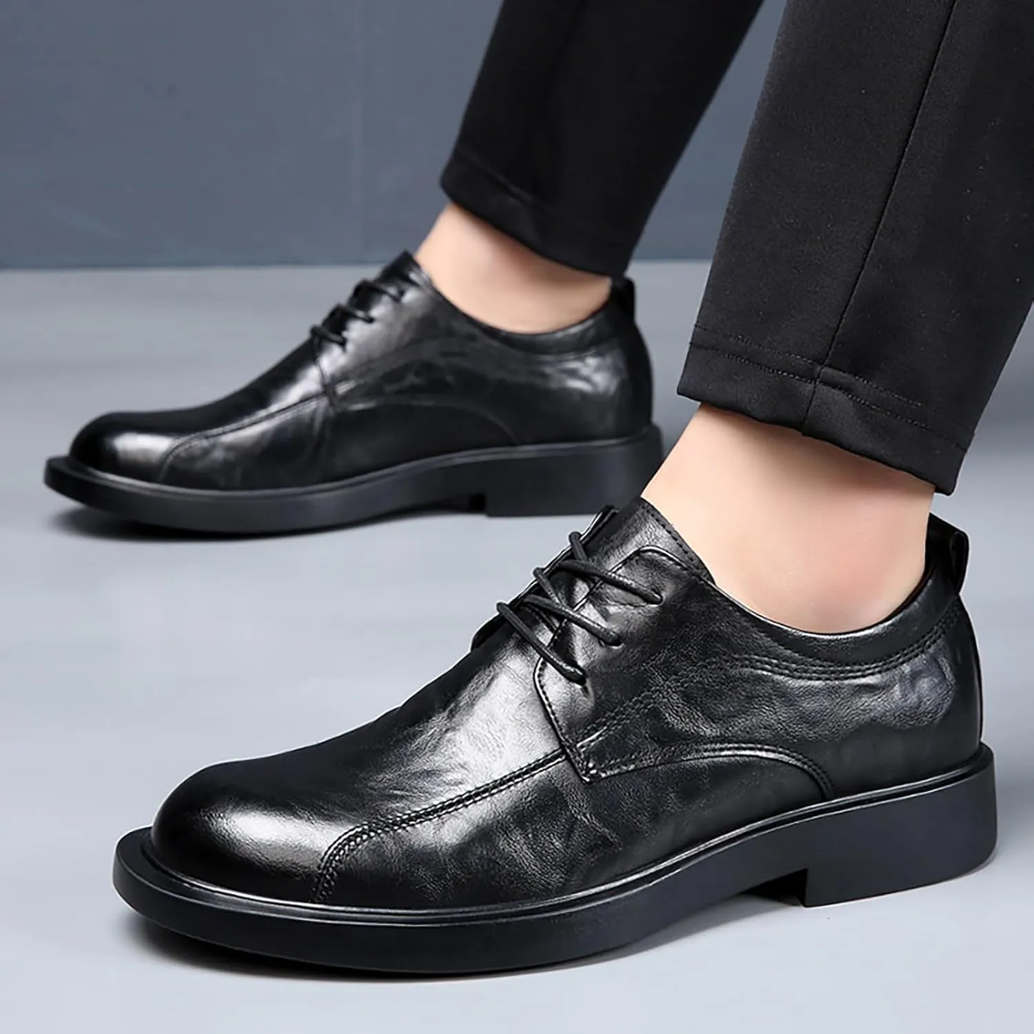 Men's Leather Lace-up Dress Oxfords,Classic Exquisite Stitching Breathable Round Toe Formal Shoes Casual Business Wedding Work Derby Shoes