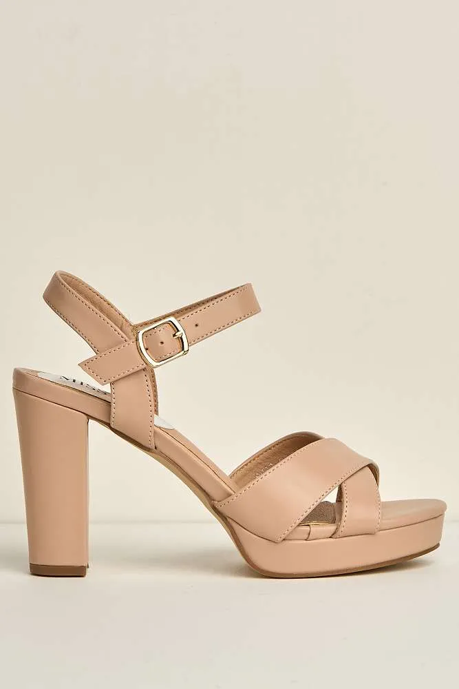 Natty Criss-Cross Font Block Heel Ankle Strap Sandals in Beige