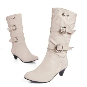 Plush lined wide calf mid heels boots with buckles