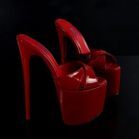 Red Gloss Cross Strap High Heel Mules
